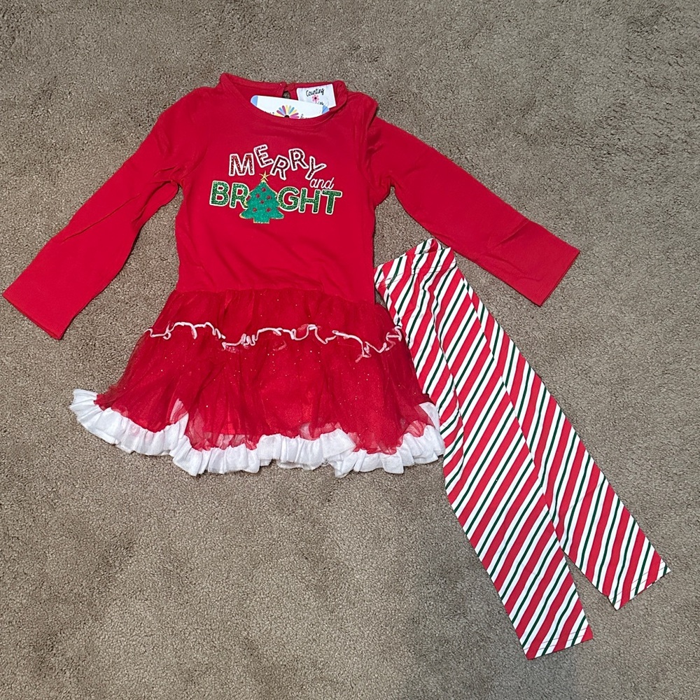 Red and White Holiday 2-piece Set with Striped Leggings